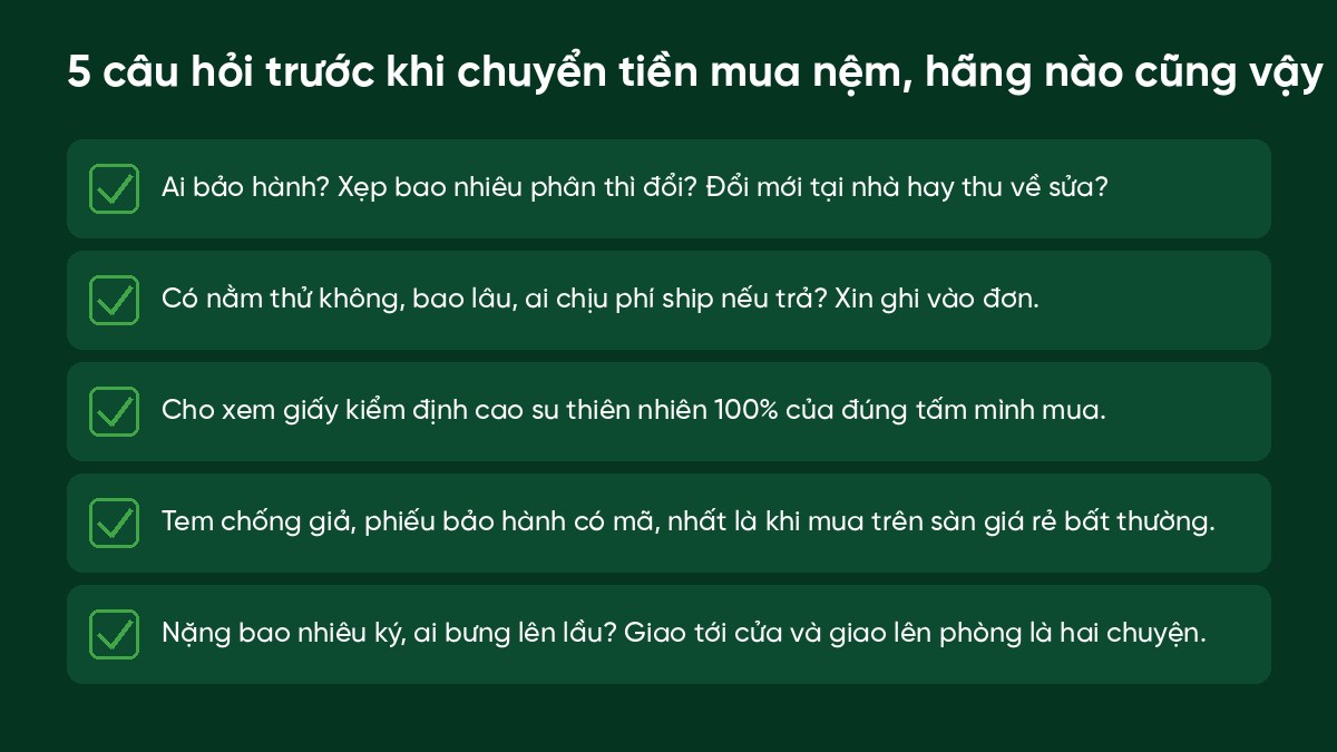 Checklist 5 câu hỏi trước khi chuyển tiền mua nệm: bảo hành, nằm thử, giấy kiểm định, tem chống giả, cân nặng và bưng lên lầu