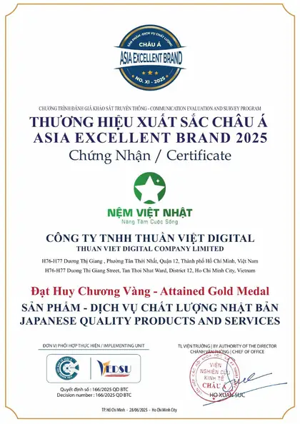 Chứng nhận Thương hiệu Xuất sắc Châu Á 2025, Huy chương Vàng Sản phẩm dịch vụ chất lượng Nhật Bản