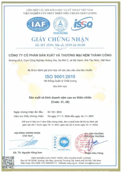 Chứng nhận ISO 9001:2015 quản lý chất lượng, nhà máy Nệm Thành Công