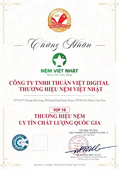 Chứng nhận Top 10 Thương hiệu Nệm Uy tín Chất lượng Quốc gia 2026