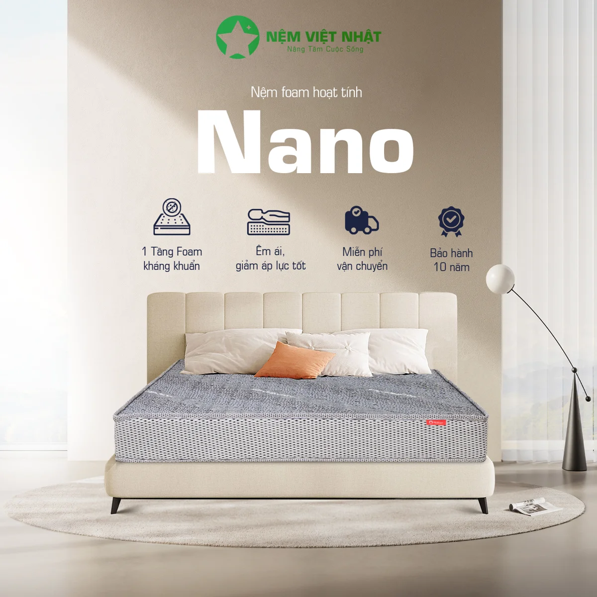 Nệm foam Việt Nhật Nano, dòng foam mút ép cứng vừa, tầm giá dưới 5 triệu