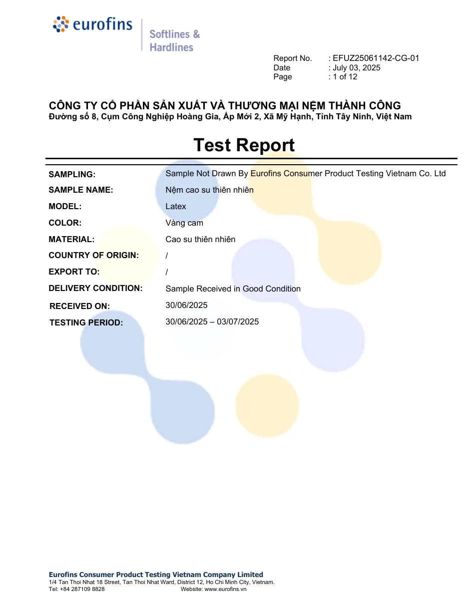 Báo cáo kiểm định REACH của Eurofins, trang 1, mẫu nệm cao su thiên nhiên Nệm Thành Công, ngày 03/07/2025