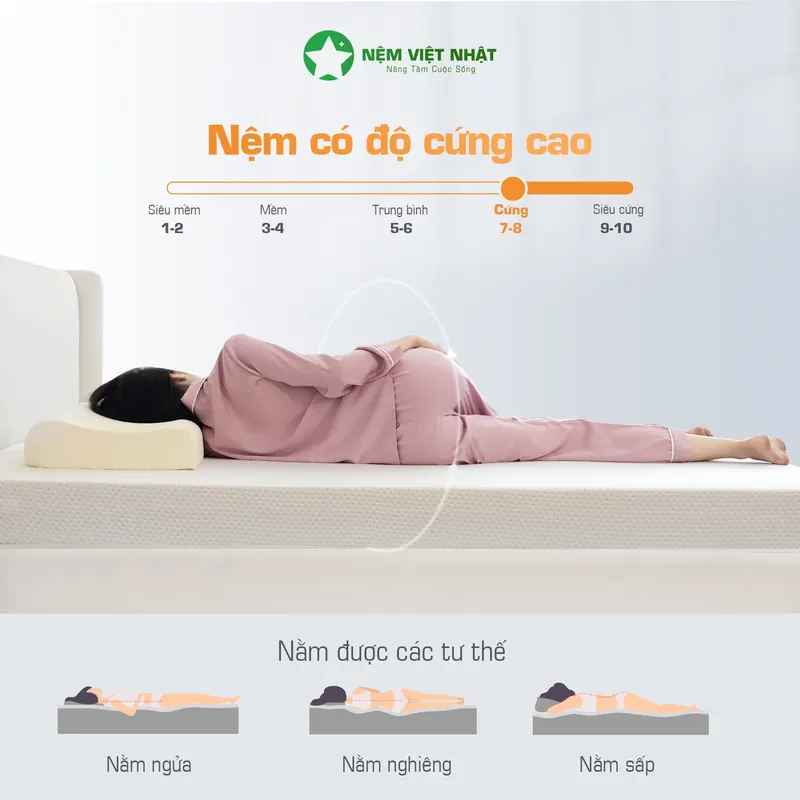 Người nằm nghiêng trên nệm độ cứng cao 7 đến 8 trên 10, cột sống giữ thẳng, nằm được ngửa, nghiêng, sấp
