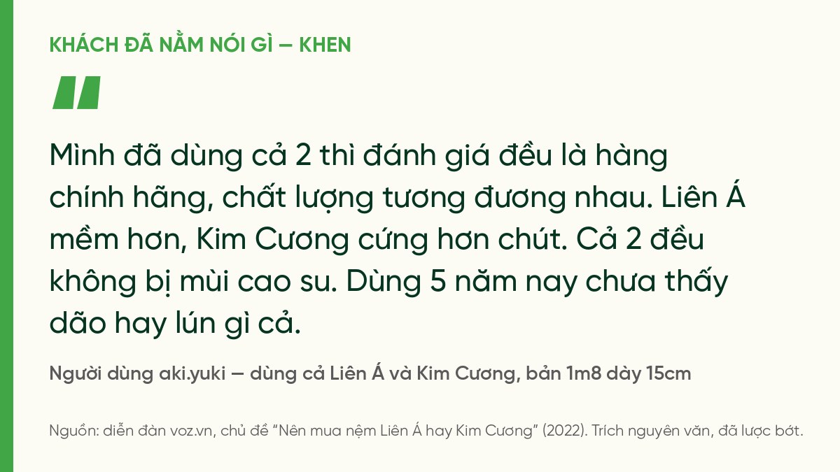 Trích ý kiến người dùng aki.yuki trên VOZ: dùng cả hai hãng, chất lượng tương đương, Liên Á mềm hơn, không mùi cao su, 5 năm chưa dão